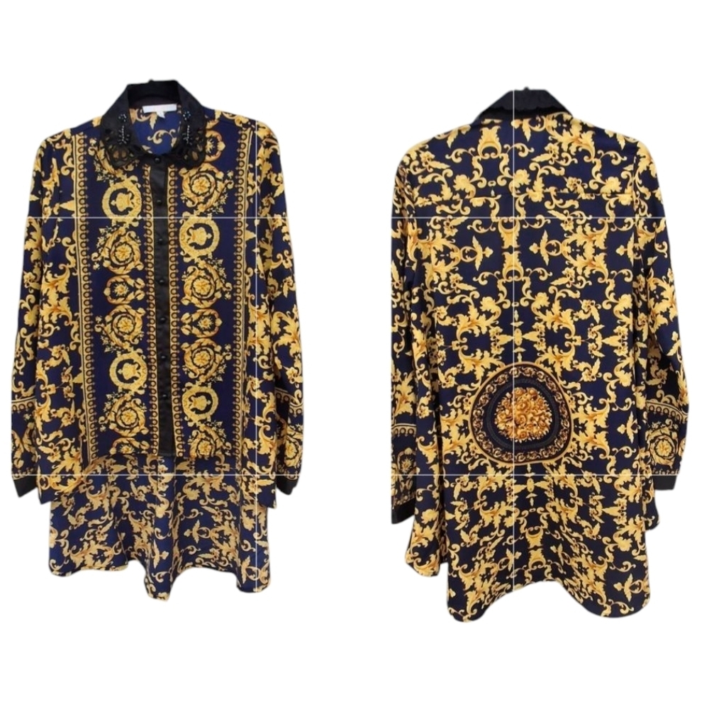 Pastel Button High-Low Gold/Black Long Sleeve Blouse Tunic Top Women Size Large